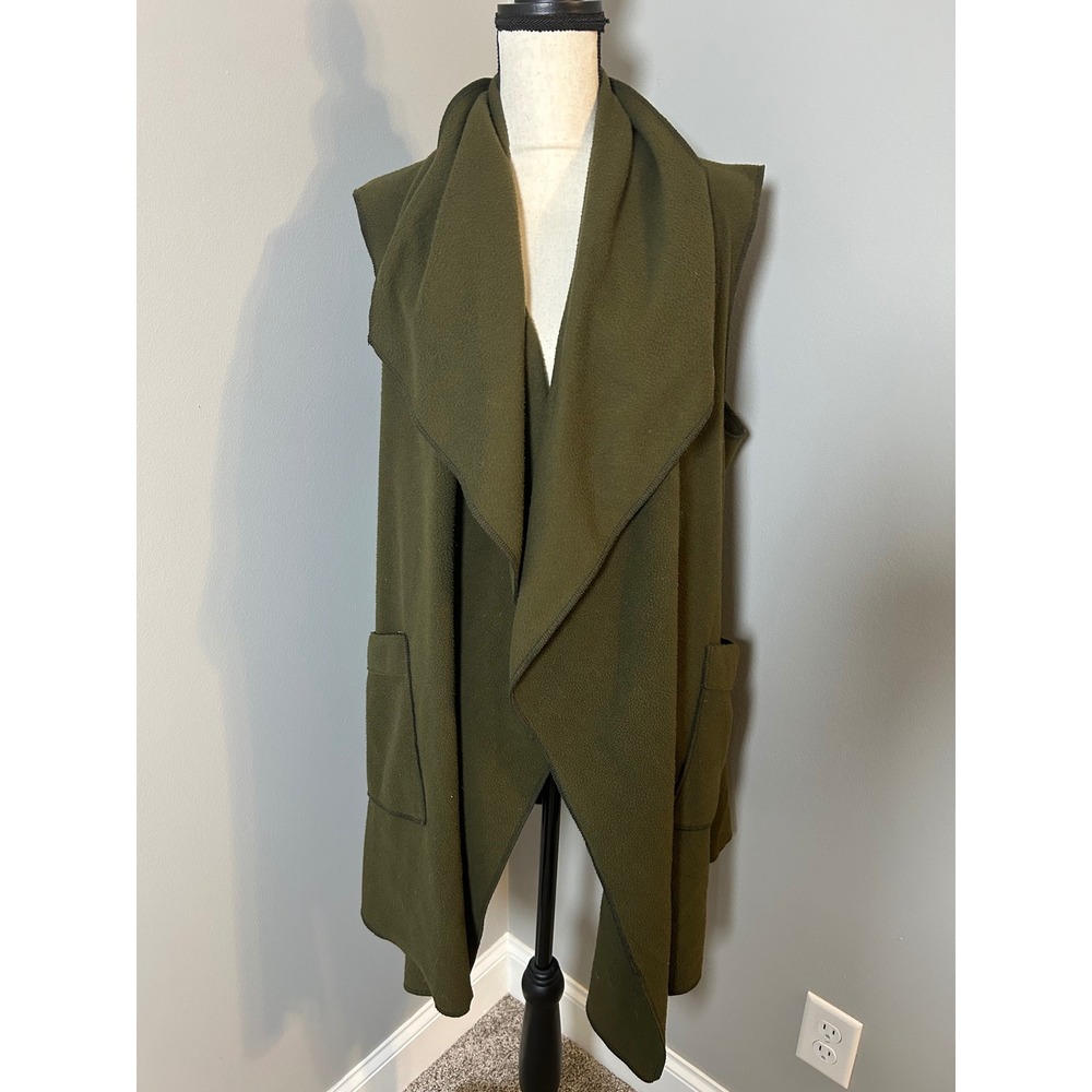 Le Moda Olive Green Fleece Draped Open Front Vest Shawl Collar Pockets LDS-588